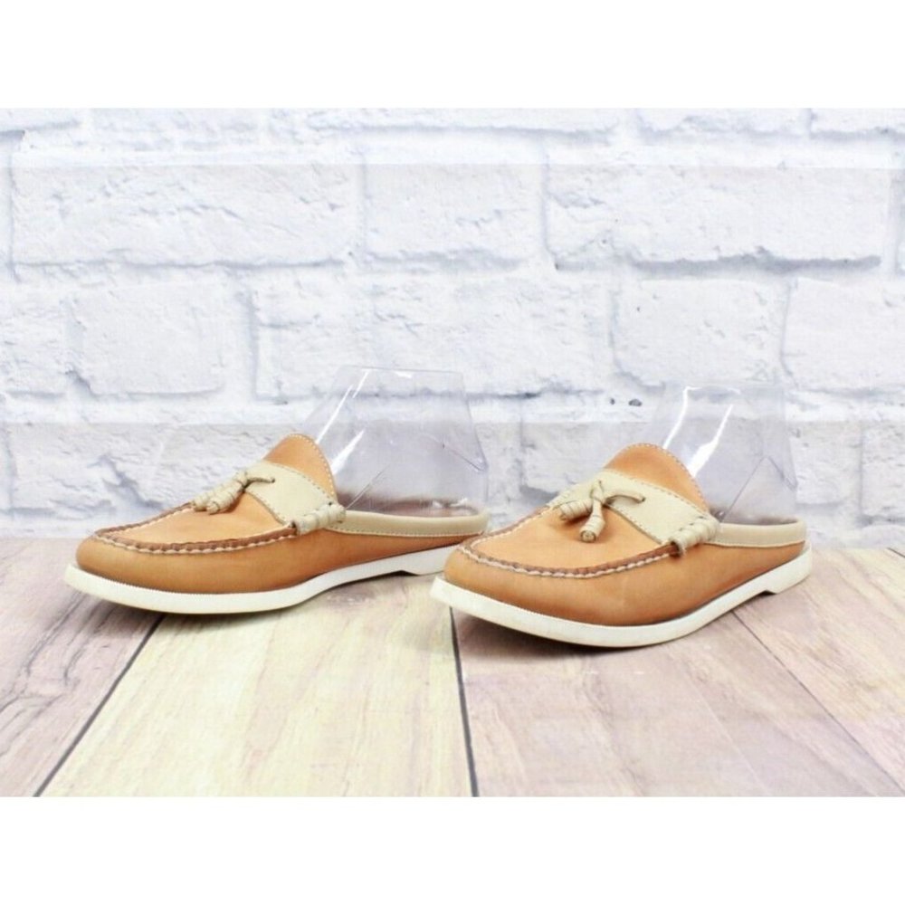 LL Bean Tan Leather Mule Flat Slide Moc Toe Open Back Loafer Size 6 M - Picture 2 of 9